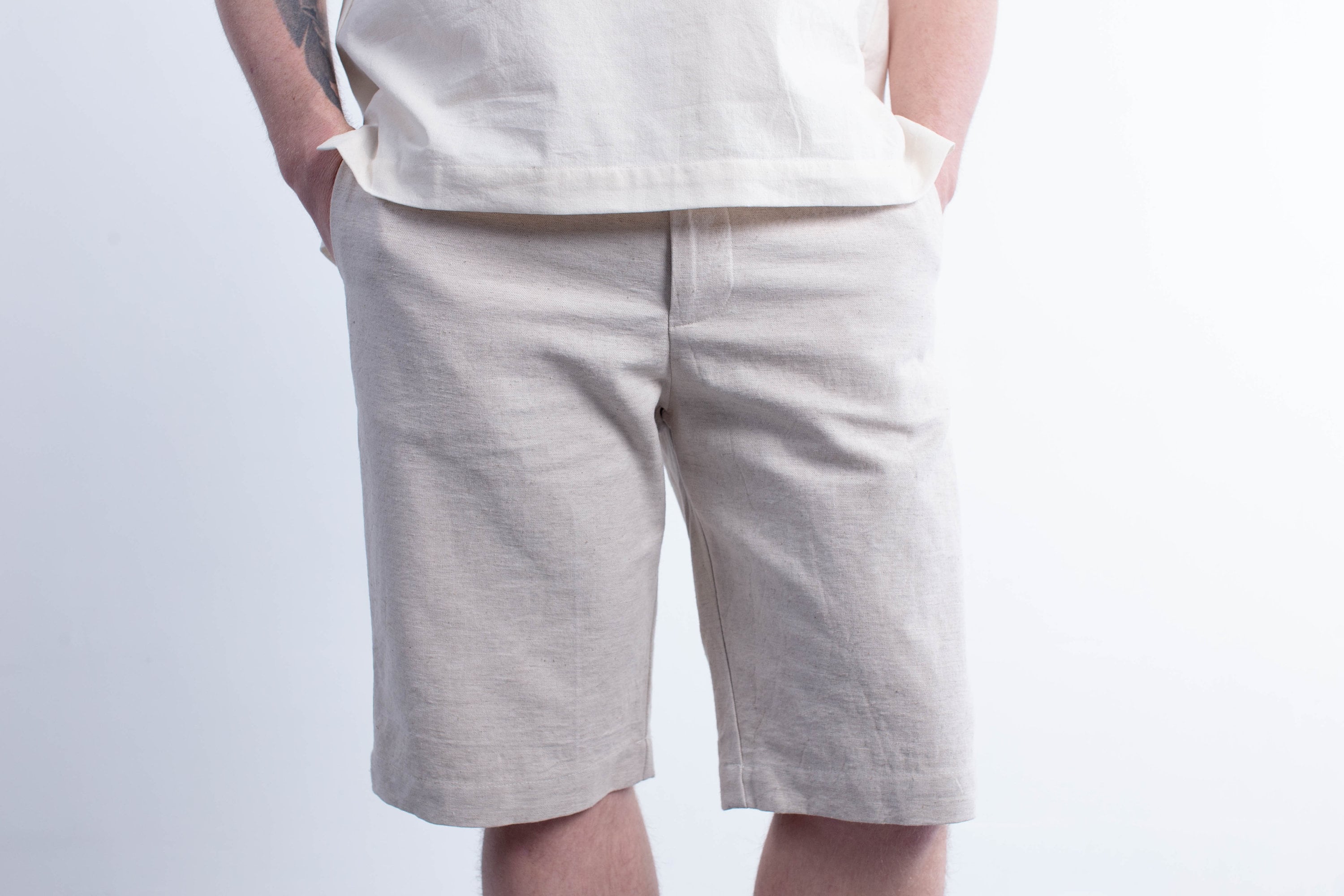 Beige Knee Length Linen Shorts for Men, Classic Thicker Linen Shorts