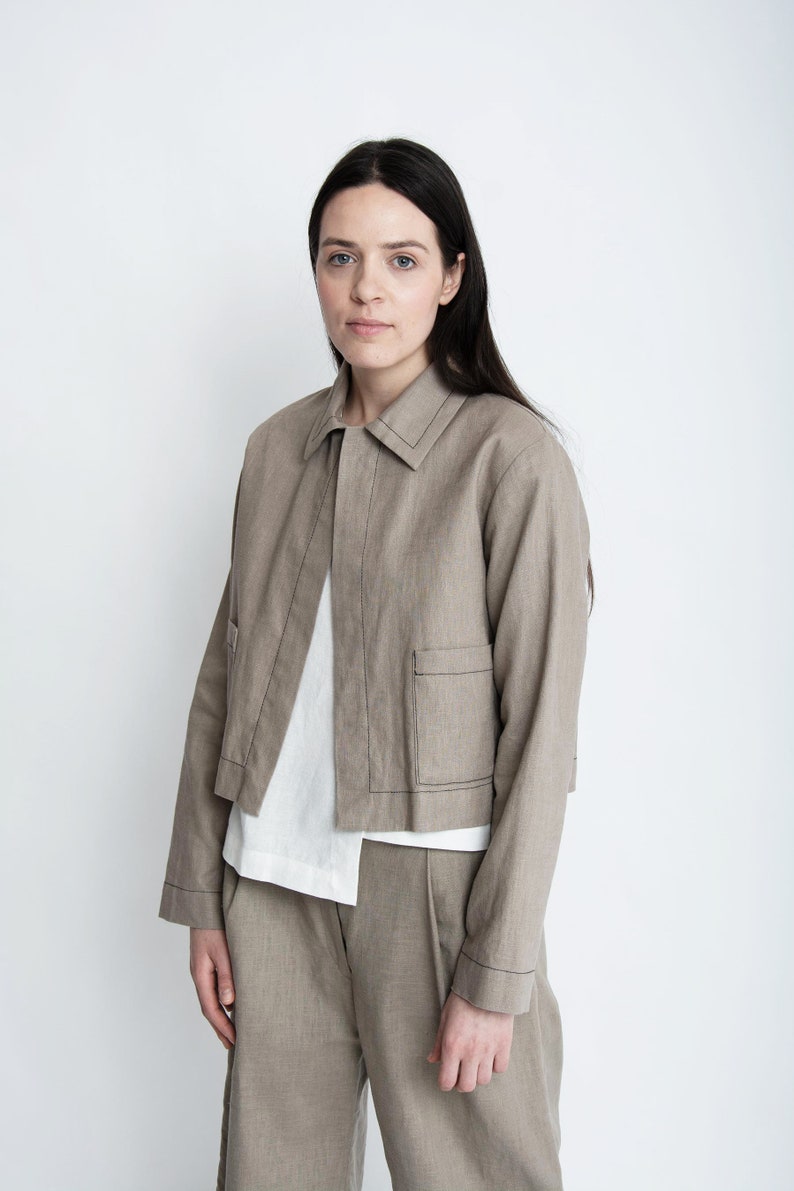 Open front solid linen jacket for women, Japanese style minimalist jacket, Outerwear with long sleeves image 8