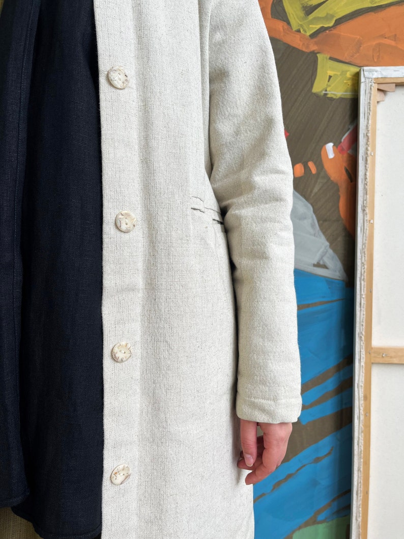 Natural linen and wool coat for winter, Women overcoat with wool warming, Minimalist style warm linen coat image 7