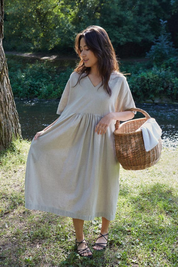 chinese dress ladies Loose Linen Midi Dress, Summer Midi Dress, Navy Blue Linen Dress, Linen Dress with Pockets, Pleated Linen Dress, Linen Dress for Women, 2XL / Natural main image 0