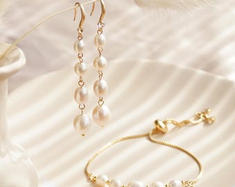 Ensemble de bijoux délicats en perles pour la fête des mères, perles d'eau douce naturelles pendantes pendantes avec bracelet de vraies perles, carte-cadeau personnalisée, cadeau pour maman