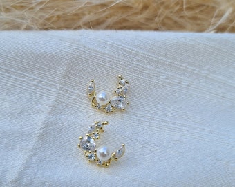 14k Gold Delicate Bohemian Moon Earrings | Inlaid Pearl Classic Studs | Crescent Moon Pearl and Diamond Earrings | Cubic Z Half Moon Earring