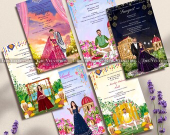 Illustrated Indian Wedding Invitation, Hindu Couple Caricature (Digital Invite)