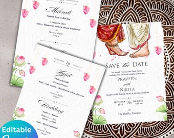 Watercolor Indian Wedding Invitation Set, Haldi, Mehndi (Editable Canva Template)