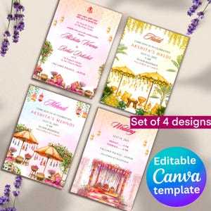 May include: Set of four wedding invitation designs. Each card features a unique watercolor illustration with text. The designs include details for Haldi, Mehndi, and Wedding ceremonies. The invitations are customizable with an editable Canva template.