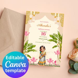 Half Saree Invitation 5x7&quot;, Editable Half Saree Ceremony Invitation, Puberty Invites for Half Saree Function