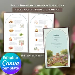 May include: A South Indian wedding ceremony guide with a light blue cover featuring a temple illustration. The guide is a 4-sided booklet, editable and printable. The text includes "Welcome to the Wedding of" and "Editable Canva template."