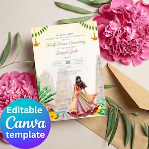 Half Saree Invitation 5x7&quot;, Editable Half Saree Ceremony Invitation, Puberty Invites for Half Saree Function