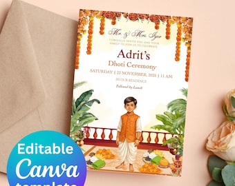 Dhoti Ceremony Invitation: South Indian Panchalu, Pancha Kattu (Canva Template Digital Download)
