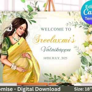 Könnte beinhalten: Digitaler Download Hochzeitsbanner, 46 cm x 61 cm, mit einer Illustration einer Frau in einem gelben Sari. Auf dem Banner steht "Welcome to Sreelaxmi's Valaikappu" mit dem Datum "10. Juli 2025". Mit floralen und Blatt-Akzenten.