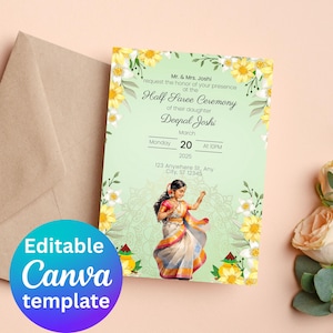 Half Saree Invitation 5x7&quot;, Editable Half Saree Ceremony Invitation, Puberty Invites for Half Saree Function