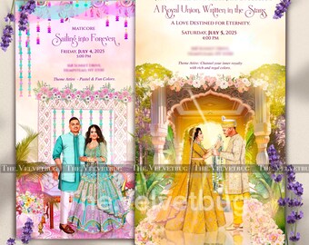 May include: Two wedding invitations with illustrations of a couple in traditional Indian attire. The first invitation is for a pre-wedding event called "Sailing into Forever" on July 4th, 2025 at 5:00 PM. The second invitation is for the wedding on July 5th, 2025 at 4:00 PM. The text on the second invitation reads "A Royal Union. Written in the Stars. A Love Destined for Eternity."