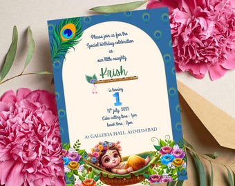 Krishna Invitation, Editable Indian Krishna Theme Invitation, Lord Krishna Invites for Birthday, Krishna Theme Mobile Invitation