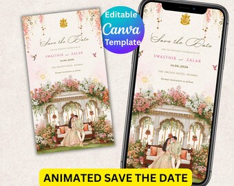 Animated indian Save the Date Video Invitation, Editable Canva Template