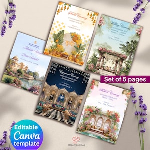 May include: Set of five wedding invitation pages with floral and architectural illustrations. Each page features event details, including dates, times, and venue: Taj Lake Palace. The design includes the text "Editable Canva template".