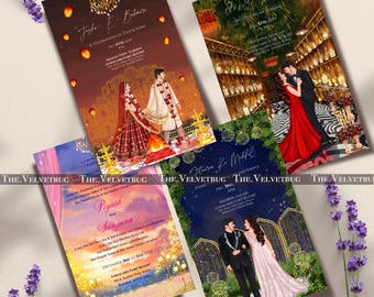 May include: Four wedding invitations with illustrated couples and details about the events. The invitations feature a variety of colors and designs, including a blue and gold invitation with a couple standing in front of a gate, a red and gold invitation with a couple standing in front of a fire, a pink and gold invitation with a couple standing in front of a sunset, and a green and gold invitation with a couple standing in front of a chandelier.