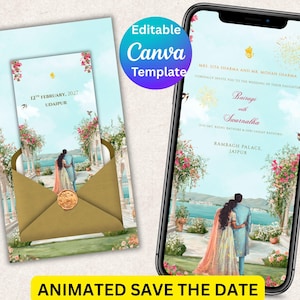 May include: A wedding invitation template featuring a couple overlooking a lake, shown on a smartphone and a physical card. The card is in a gold envelope with a seal. Text includes "Animated Save the Date" and wedding details.