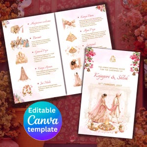 May include: A Hindu wedding guide template featuring watercolour illustrations of traditional ceremonies, including a bride and groom walking around a sacred fire. The text includes the names Kojagori & Shlok and the date 10th February, 2027.