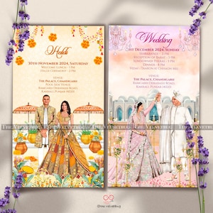 Plantilla premium de tarjeta electrónica para boda india / Caricatura de pareja personalizada, atuendos de boda, lugar de celebración / Invitación romántica / Tema cultural regional