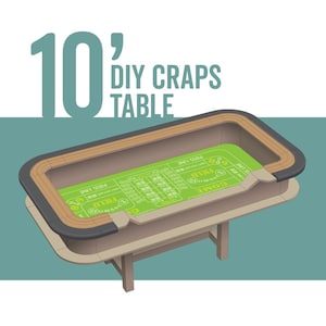 May include: A green felt craps table with a wooden frame and black trim. The table has a 'COME' and 'DON'T COME' area, a 'PASS LINE' and 'DON'T PASS LINE' area, and a 'FIELD' area. The table is 10 feet long.