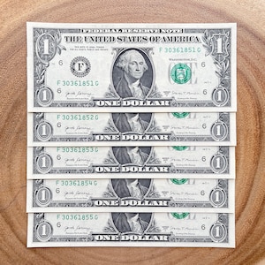 2017 One Dollar Bills Series A, Lot of (5), Consecutive Serial #&#39;s, Uncirculated, Great Gift Idea!