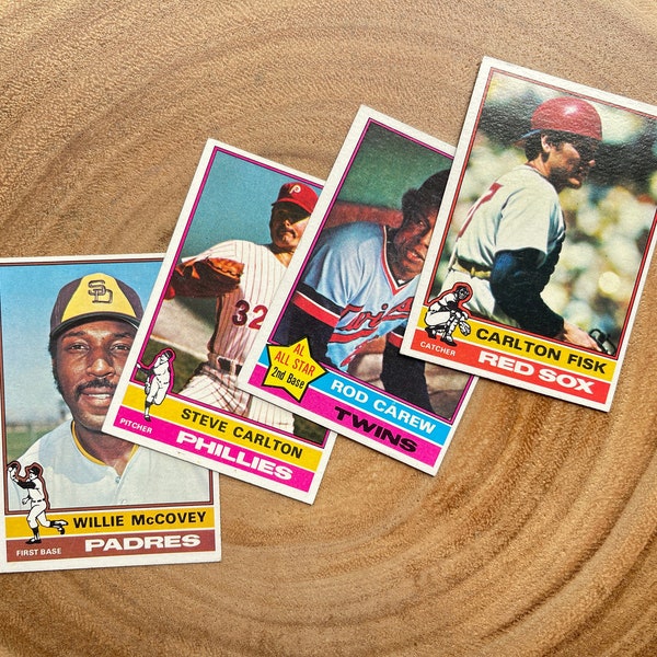 1976 Topps Baseball Cards, Lot of (4), Willie McCovey, Steve Carlton, Rod Carew, Carlton Fisk