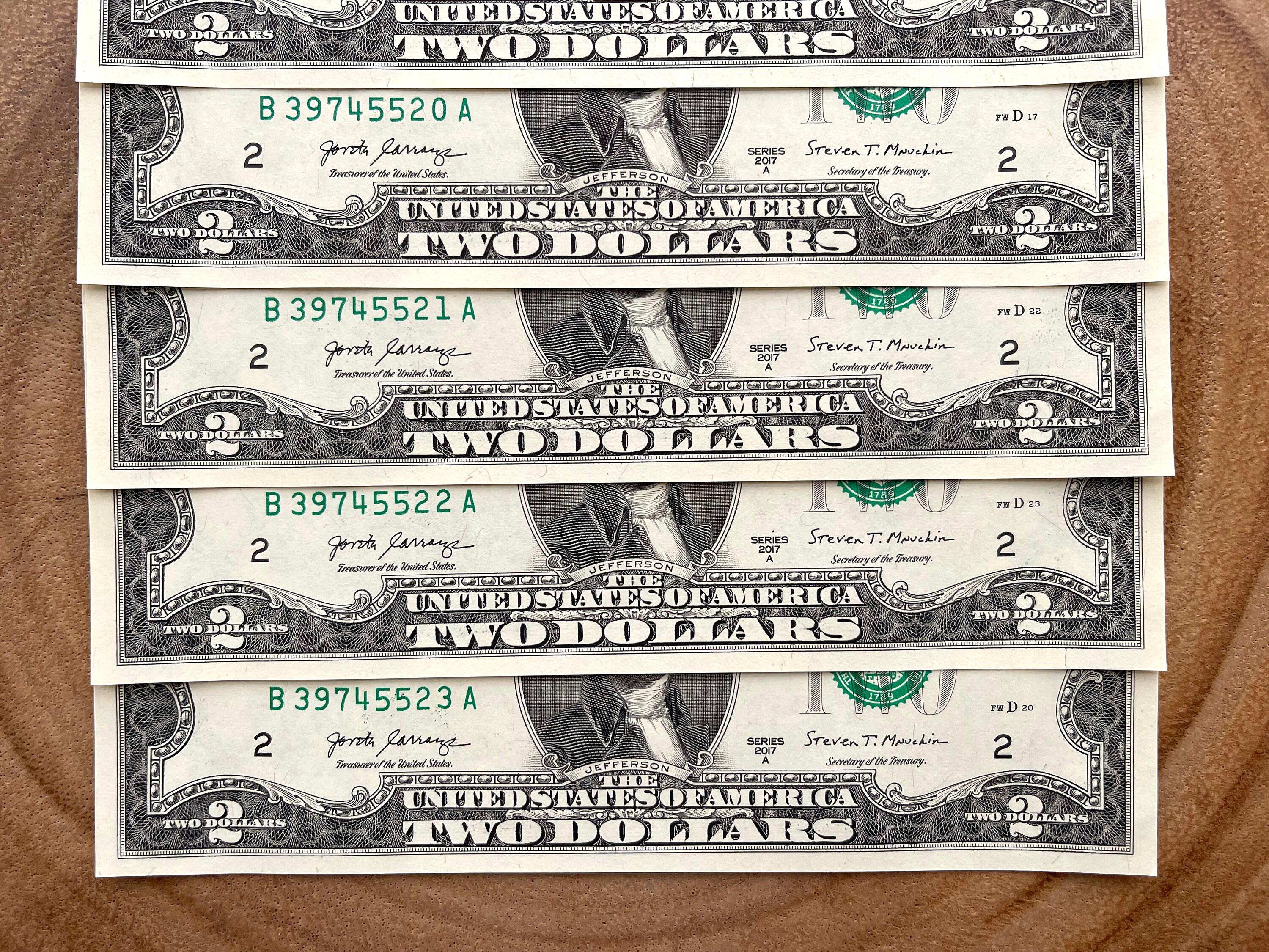 BANKNOTESコレクション② 22枚 2017 Two Dollar Bills Series A, Lot of (5), Consecutive Serial #'s