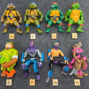May include: Eight action figures of Teenage Mutant Ninja Turtles and related characters. The turtles are green with orange shells and colored masks. Other figures include a monkey, a purple-clad character, a ninja, and a rat.
