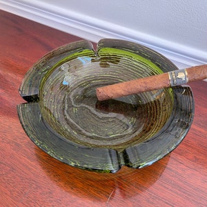 Vintage Olive Green Glass Ashtray, Cigar/Cigarette Ashtray, Large, Mid-Century