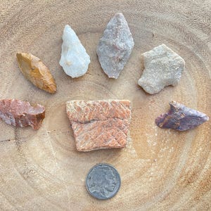 Native American Arrowheads Lot of 6 Projectile Points with Pottery Shard and Buffalo Nickel