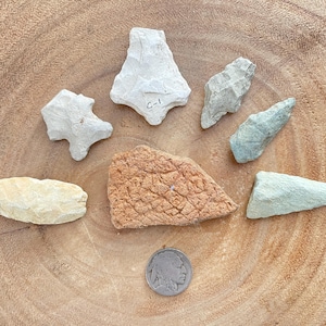 Native American Arrowheads Lot of 6 Projectile Points with Pottery Shard and Buffalo Nickel
