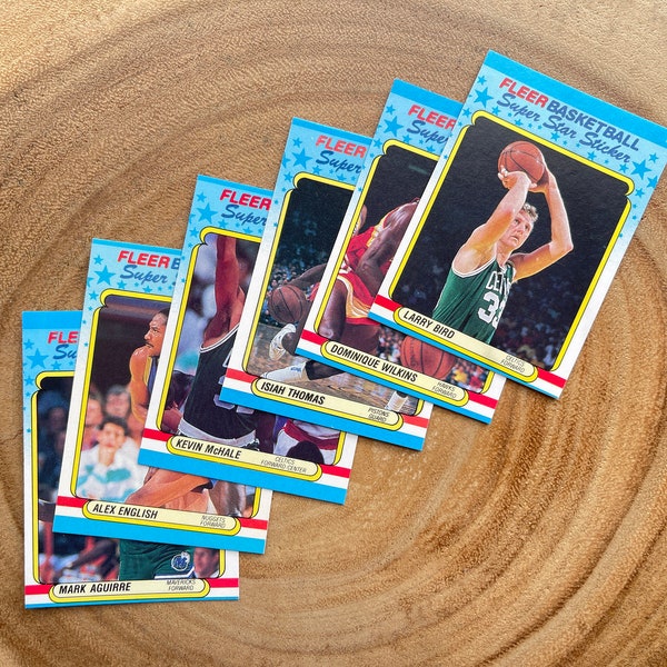 1988 Fleer Stickers, Lot of (6), Larry Bird, Dominique Wilkins, Isiah Thomas, Kevin McHale, Alex English, Mark Aguirre