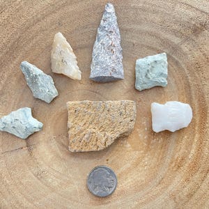 Native American Arrowheads Lot of 6 Projectile Points with Pottery Shard and Buffalo Nickel