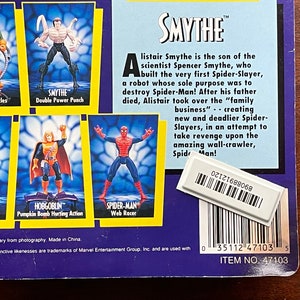 May include: A close-up of a Spider-Man action figure packaging featuring a variety of Spider-Man villains, including Dr. Octopus, Venom, Hobgoblin, and Smythe. The packaging is blue and yellow with a white background. The text on the packaging reads "Smythe" and "Item No. 47103".