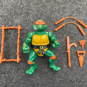 May include: A green action figure of a Teenage Mutant Ninja Turtle, with an orange mask, yellow plastron, and black belt. Accessories include orange nunchucks, a staff, and a saw. An orange wooden frame is also included.