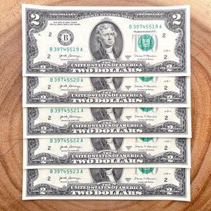 2017 Two Dollar Bills Series A, Lot of (5), Consecutive Serial #'s, Thomas Jefferson, Uncirculated Collectible Bills