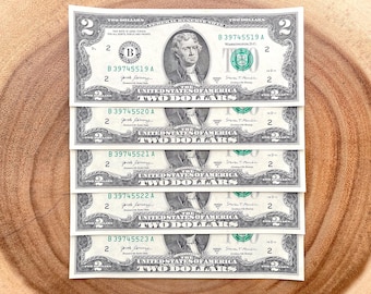 2017 Two Dollar Bills Series A, Lot of (5), Consecutive Serial #'s, Thomas Jefferson, Uncirculated Collectible Bills