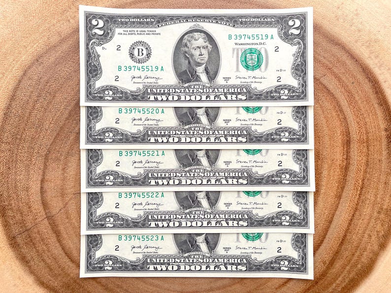2017 Two Dollar Bills Series A, Lot of (5), Consecutive Serial #'s, Thomas Jefferson, Uncirculated Collectible Bills image 1