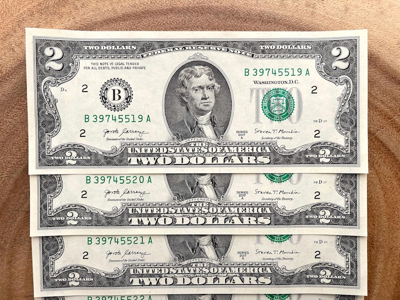 2017 Two Dollar Bills Series A, Lot of (5), Consecutive Serial #'s, Thomas Jefferson, Uncirculated Collectible Bills image 2