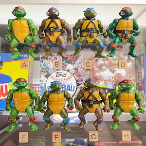 May include: Eight Teenage Mutant Ninja Turtles action figures, each with a different colored mask: red, purple, blue, and orange. The figures are posed in a fighting stance. Baseball cards are in the background.