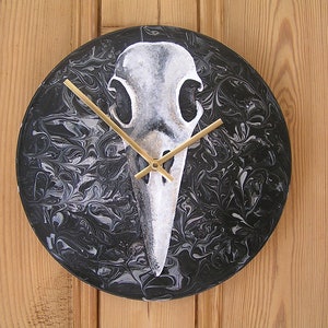 12&quot; Vinyl Record Wall Clock. Crow Skull. Hand Painted