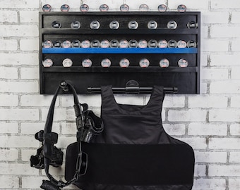 Guard The Line - Police Gear Rack with Challenge Coin Display - Thin Blue Line Design