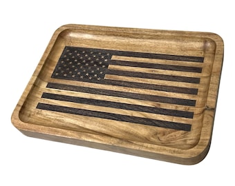 American Flag Valet Tray - Acacia Wood Catch All Tray, Patriotic Decorative Tray, EDC Organizer Catchall Tray, Entryway Dump Tray, Key Tray