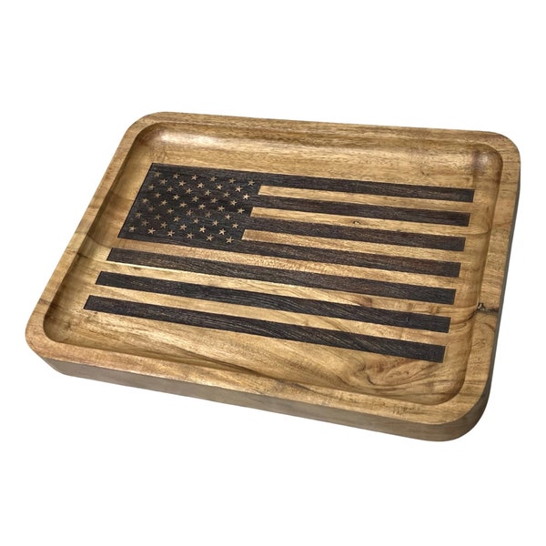 American Flag Valet Tray - Acacia Wood Catch All Tray, Patriotic Decorative Tray, EDC Organizer Catchall Tray, Entryway Dump Tray, Key Tray