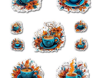 Op de afbeelding: Een verzameling van acht gestanste stickers met blauwe koffiekopjes en schoteltjes, omringd door levendige oranje en rode herfstbladeren. Elke sticker toont een unieke artistieke compositie van een dampende beker in herfstbladeren.