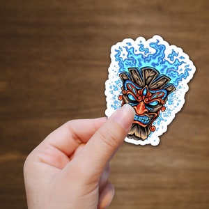 Blue Flames Tiki Mask Vinyl Sticker Decal 3 inch Hawaii, Tropical, Birthday Party Favors, Party Supplies, Journal Stickers