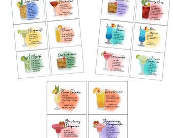 Op de afbeelding: Een set van 12 kleurrijke cocktailreceptkaarten met aquarel illustraties van elk drankje. De kaarten bevatten de naam van het drankje, de ingrediënten en instructies voor het maken van de cocktail. De drankjes omvatten: Long Island Iced Tea, Manhattan, Black Russian, Bloody Mary, Margarita, Mimosa, Blue Hawaii, Blue Lagoon, Cosmopolitan, Old Fashioned, Frozen Margarita, Pina Colada, Screwdriver, Strawberry Daiquiri en Strawberry Margarita.