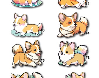 May include: Eight different illustrations of cartoon corgis in various poses. The corgis are all orange and white with black noses and eyes. Some of the corgis are wearing accessories, such as a unicorn horn or a flower crown. The illustrations are numbered 1 through 8.