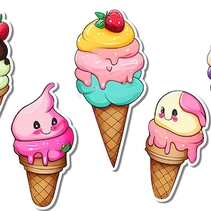 Kawaii Ice Cream Cones Vinyl Sticker Decals,  Journal Stickers, Notebooks, Tumblers, Candles - 5 pack - choose 2 or 3 inch tall