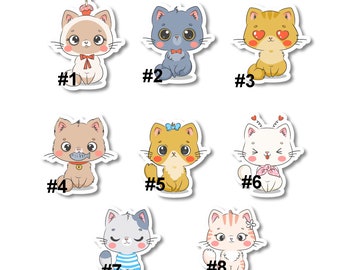 May include: A collection of eight cartoon cat stickers. Each cat has a unique design, including different colors, accessories, and expressions. The stickers are numbered from one to eight.